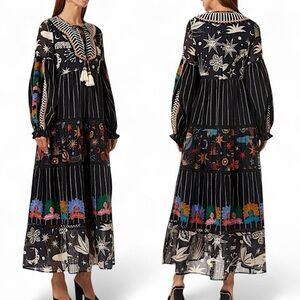 NEW RARE FARM Rio Black Mixed Prints Embroidered Maxi Dress Beaded Tropical XL
